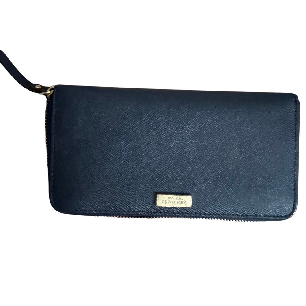 Kate Spade NY Black Leather Laurel Way Neda Zip-Around Wallet Gold Hardware